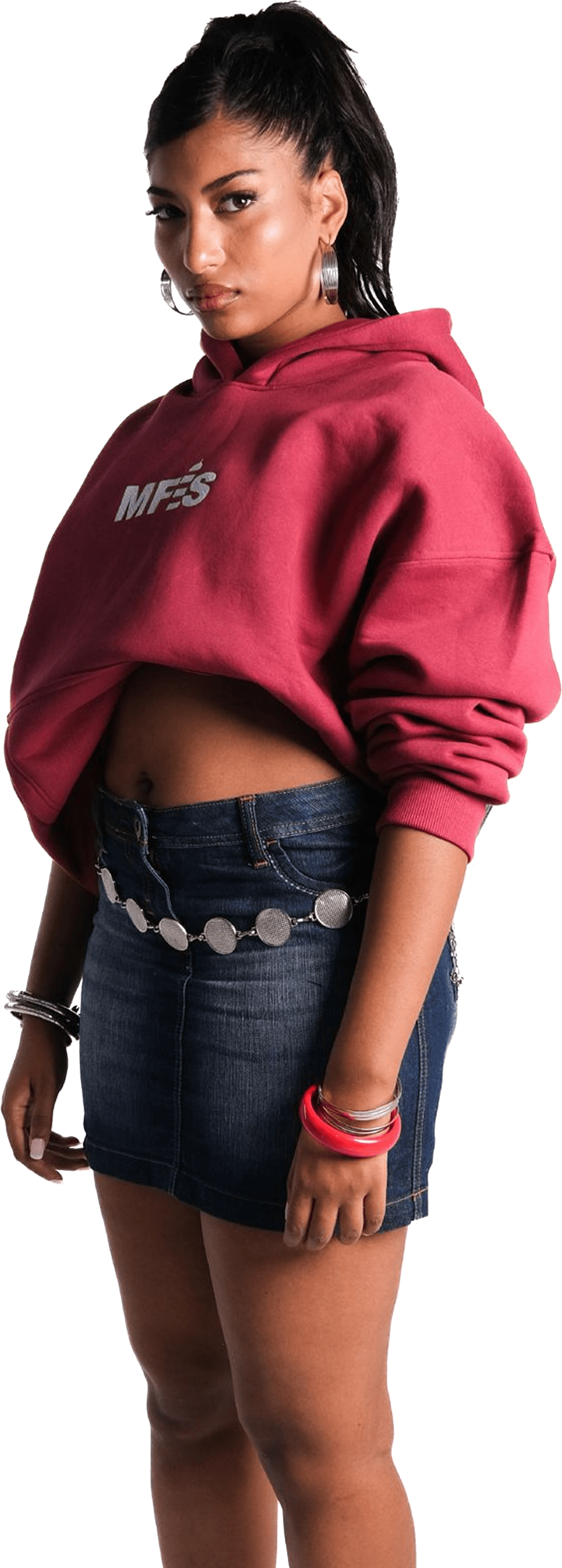 Model wearing a maroon MFES cropped hoodie and denim skirt