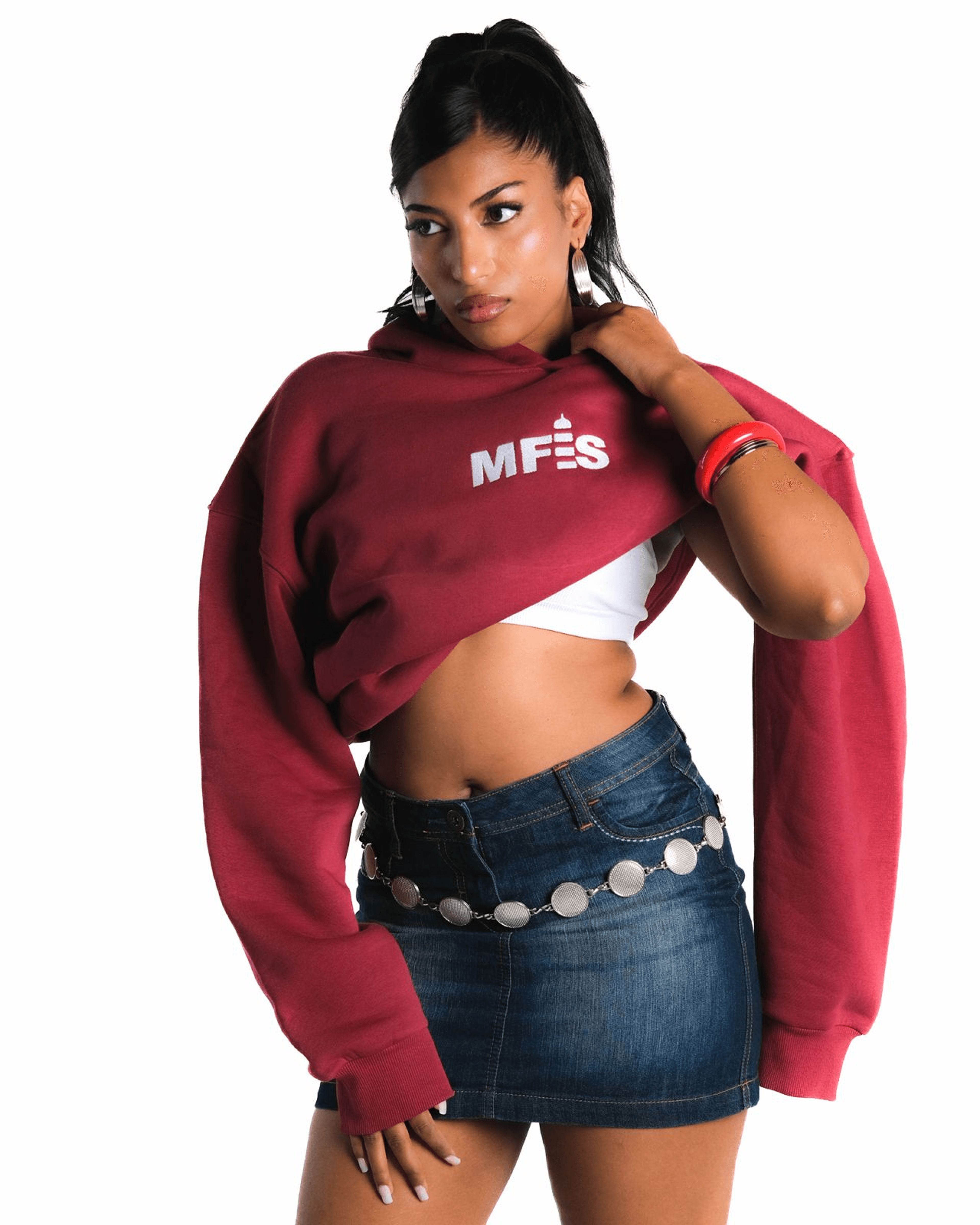 Model in a maroon MFES hoodie looking aside
