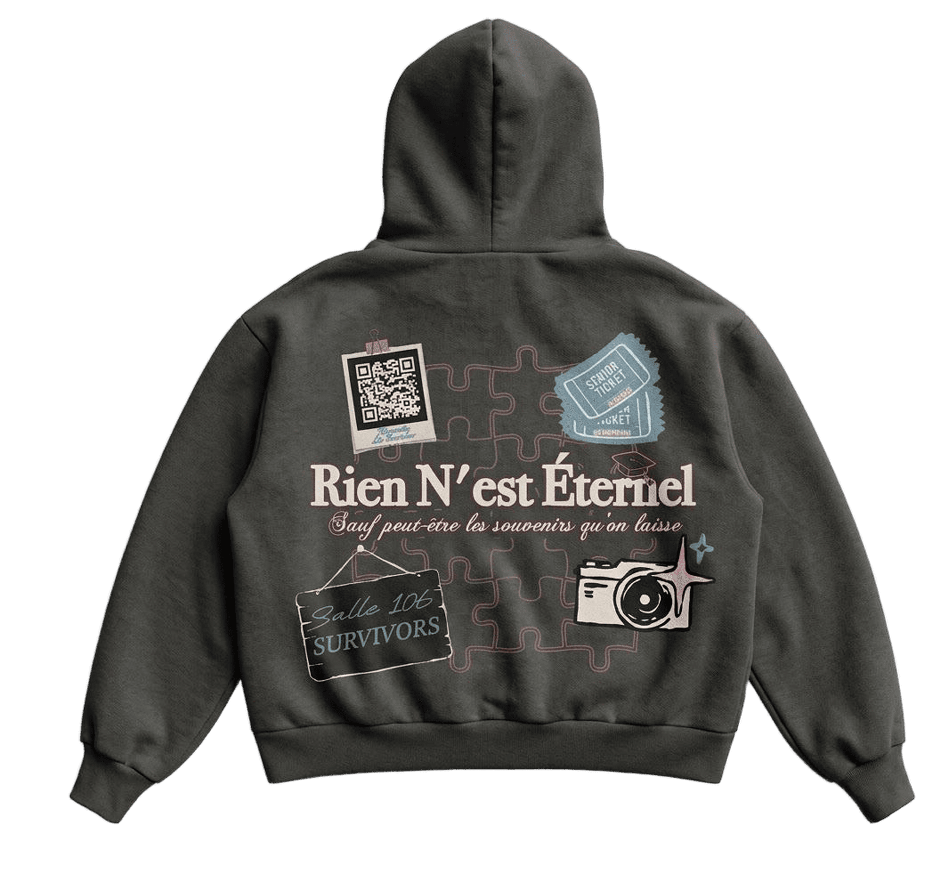 Charcoal senior hoodie back print with memory collage graphics